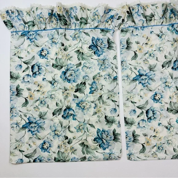 Vintage Blue Floral Cotton Lace Ruffle Trim 2 Standard Pillowcases & Flat Sheet - Picture 2 of 14